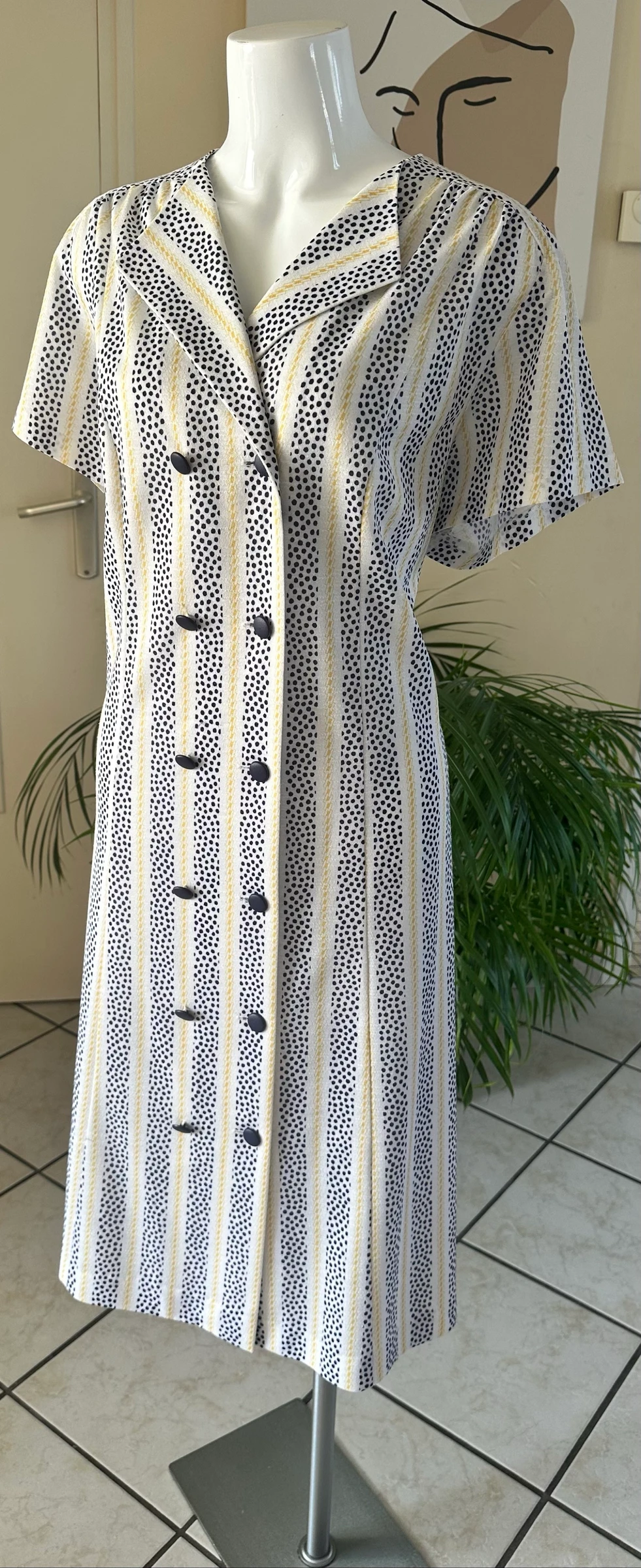 Vestido vintage estampado azul-marinho e amarelo tamanho 44/46 – Condição impecável – photo 5